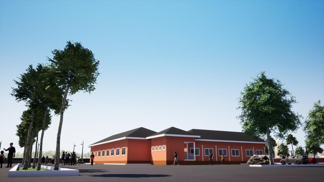 School rendering — plaza and trees